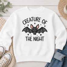Load image into Gallery viewer, Creature Of The Night Bat Halloween design on White crewneck sweatshirt