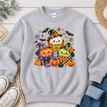 Load image into Gallery viewer, Cute Witch Pumpkin Friends Halloween design on Ash Grey crewneck sweatshirt