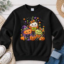 Load image into Gallery viewer, Cute Witch Pumpkin Friends Halloween design on Black crewneck sweatshirt