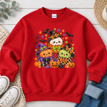 Load image into Gallery viewer, Cute Witch Pumpkin Friends Halloween design on Red crewneck sweatshirt