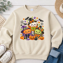 Load image into Gallery viewer, Cute Witch Pumpkin Friends Halloween design on Sand crewneck sweatshirt