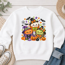 Load image into Gallery viewer, Cute Witch Pumpkin Friends Halloween design on White crewneck sweatshirt