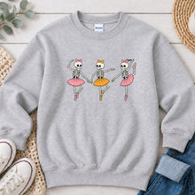 Load image into Gallery viewer, Dancing Ballerina Skeletons Halloween design on Ash Grey crewneck sweatshirt