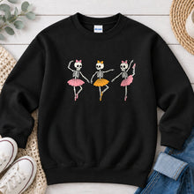 Load image into Gallery viewer, Dancing Ballerina Skeletons Halloween design on Black crewneck sweatshirt