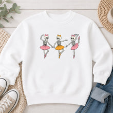 Load image into Gallery viewer, Dancing Ballerina Skeletons Halloween design on White crewneck sweatshirt