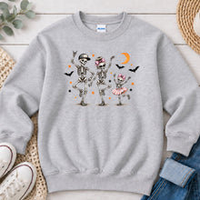 Load image into Gallery viewer, Dancing Skeletons Halloween design on Ash Grey crewneck sweatshirt