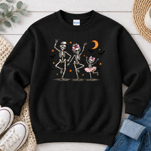 Load image into Gallery viewer, Dancing Skeletons Halloween design on Black crewneck sweatshirt