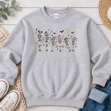 Load image into Gallery viewer, Dancing Skeletons Family Halloween design on Ash Grey crewneck sweatshirt