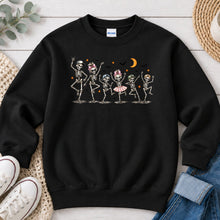 Load image into Gallery viewer, Dancing Skeletons Family Halloween design on Black crewneck sweatshirt