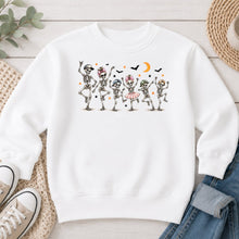 Load image into Gallery viewer, Dancing Skeletons Family Halloween design on White crewneck sweatshirt