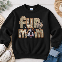 Load image into Gallery viewer, Fur Mom Bulldog Tri Color Brown dog lover design on Black crewneck sweatshirt