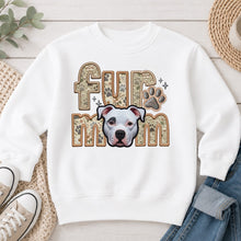 Load image into Gallery viewer, Fur Mom Pitbull Eyebrow Patch dog lover design on White crewneck sweatshirt
