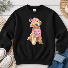Load image into Gallery viewer, Doodle Dog Pink Pumpkin Halloween design on Black crewneck sweatshirt