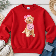 Load image into Gallery viewer, Doodle Dog Pink Pumpkin Halloween design on Red crewneck sweatshirt