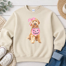Load image into Gallery viewer, Doodle Dog Pink Pumpkin Halloween design on Sand crewneck sweatshirt