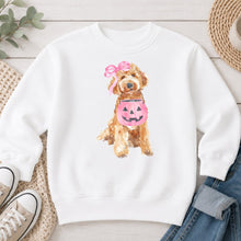 Load image into Gallery viewer, Doodle Dog Pink Pumpkin Halloween design on White crewneck sweatshirt