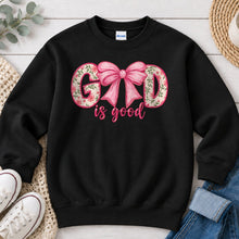 Load image into Gallery viewer, Embroidered Floral God Is Good Bow Faith design on Black crewneck sweatshirt