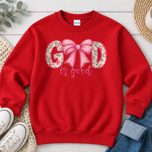 Load image into Gallery viewer, Embroidered Floral God Is Good Bow Faith design on Red crewneck sweatshirt