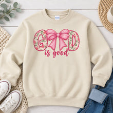 Load image into Gallery viewer, Embroidered Floral God Is Good Bow Faith design on Sand crewneck sweatshirt