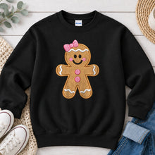 Load image into Gallery viewer, Embroidered Gingerbread Girl Pink Bow Christmas design on Black crewneck sweatshirt