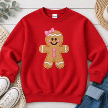 Load image into Gallery viewer, Embroidered Gingerbread Girl Pink Bow Christmas design on Red crewneck sweatshirt
