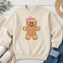 Load image into Gallery viewer, Embroidered Gingerbread Girl Pink Bow Christmas design on Sand crewneck sweatshirt