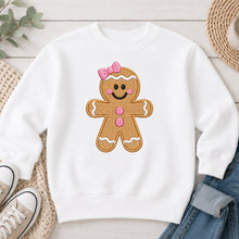 Load image into Gallery viewer, Embroidered Gingerbread Girl Pink Bow Christmas design on White crewneck sweatshirt