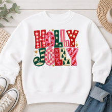 Load image into Gallery viewer, Embroidered Holly Jolly Patch Christmas design on White crewneck sweatshirt