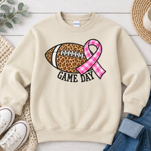 Load image into Gallery viewer, Embroidered Leopard Football Pink Ribbon Sports design on Sand crewneck sweatshirt