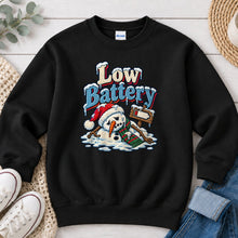 Load image into Gallery viewer, Embroidered Low Battery Snowman Winter design on Black crewneck sweatshirt