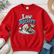 Load image into Gallery viewer, Embroidered Low Battery Snowman Winter design on Red crewneck sweatshirt