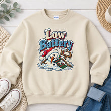 Load image into Gallery viewer, Embroidered Low Battery Snowman Winter design on Sand crewneck sweatshirt