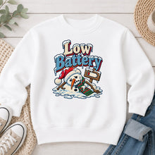 Load image into Gallery viewer, Embroidered Low Battery Snowman Winter design on White crewneck sweatshirt