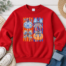Load image into Gallery viewer, Blue Chinoiserie Pumpkins Fall design on Red crewneck sweatshirt