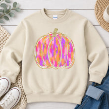 Load image into Gallery viewer, Bright Ikat Glitter Pumpkin Fall design on Sand crewneck sweatshirt