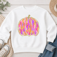 Load image into Gallery viewer, Bright Ikat Glitter Pumpkin Fall design on White crewneck sweatshirt