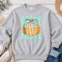 Load image into Gallery viewer, Coquette Bow Leopard Pumpkin Fall design on Ash Grey crewneck sweatshirt
