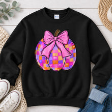 Load image into Gallery viewer, Coquette Checkered Pumpkin Pink Bow Fall design on Black crewneck sweatshirt