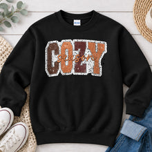 Load image into Gallery viewer, Cozy Season Brown Fall design on Black crewneck sweatshirt