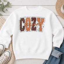 Load image into Gallery viewer, Cozy Season Brown Fall design on White crewneck sweatshirt