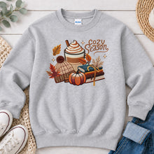 Load image into Gallery viewer, Cozy Season Latte Books Fall design on Ash Grey crewneck sweatshirt