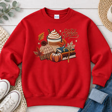 Load image into Gallery viewer, Cozy Season Latte Books Fall design on Red crewneck sweatshirt