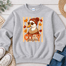 Load image into Gallery viewer, Cozy Season Silly Goose Fall design on Ash Grey crewneck sweatshirt