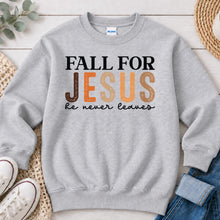Load image into Gallery viewer, Fall For Jesus He Never Leaves Fall design on Ash Grey crewneck sweatshirt