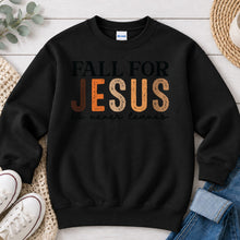 Load image into Gallery viewer, Fall For Jesus He Never Leaves Fall design on Black crewneck sweatshirt