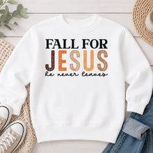 Load image into Gallery viewer, Fall For Jesus He Never Leaves Fall design on White crewneck sweatshirt