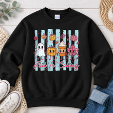 Load image into Gallery viewer, Fall Is Calling Cute Characters Fall design on Black crewneck sweatshirt
