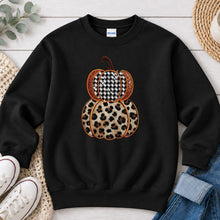 Load image into Gallery viewer, Fall Pumpkins Leopard Houndstooth Fall design on Black crewneck sweatshirt