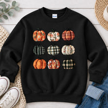 Load image into Gallery viewer, Fall Pumpkins Plaid Fall design on Black crewneck sweatshirt