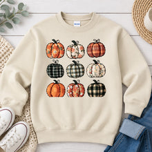 Load image into Gallery viewer, Fall Pumpkins Plaid Fall design on Sand crewneck sweatshirt